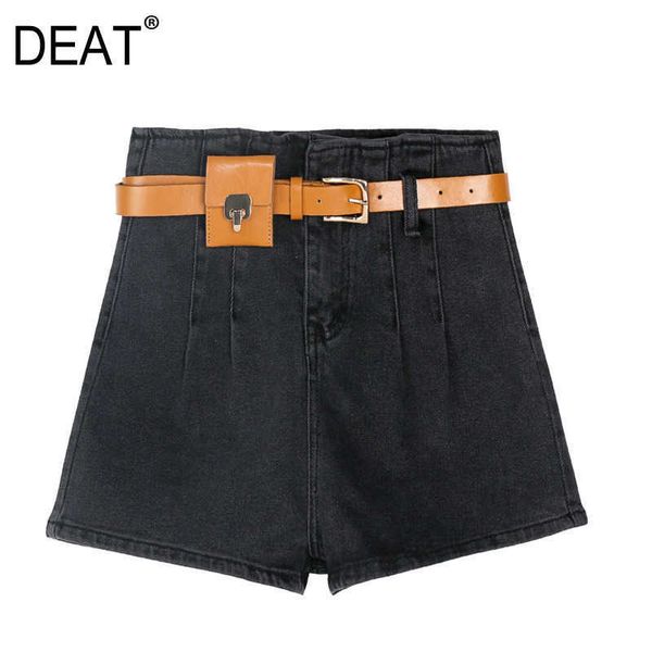 

[deat] summer fashion high waist solid color sashes a-line loose temperament women wide leg denim shorts 13q071 210527, White;black