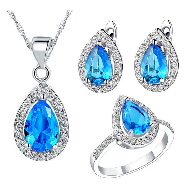 

earrings & necklace women charm ang water drop shape white gold necklace/ring/earrings blue zircon jewelry sets t246-6#, Silver