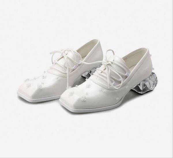 

dress shoes british style square toe front lace-up daily comfortable crystal heel uniform leather female white wedding, Black
