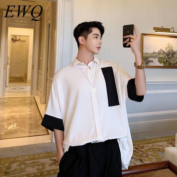 

men's casual shirts ewq / wear 2021 summer color block patchwork lanyard design loose half sleeve shirt for male korean trend 9y1813, White;black