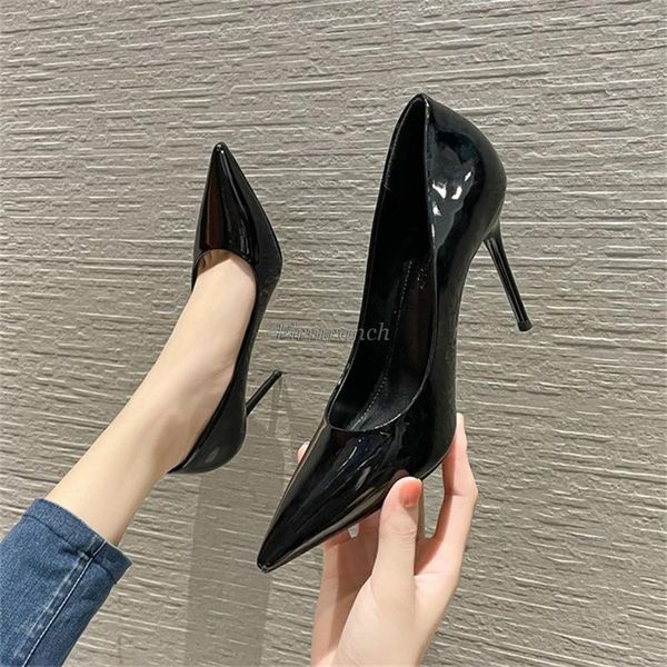 

dress shoes heel women's 2021 spring and autumn patent leather high-heeled pointed stiletto single professional work, Black
