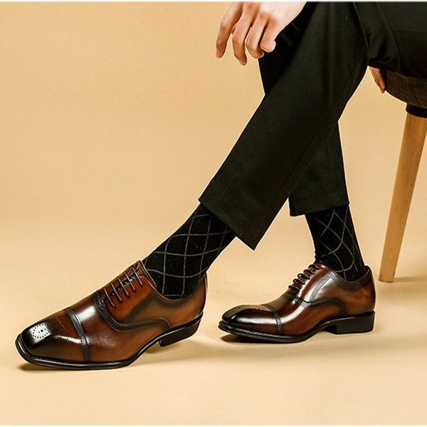 

dress shoes handmade genuine leather oxford square toe lace-up waxing process brogue social wedding business for men a189, Black