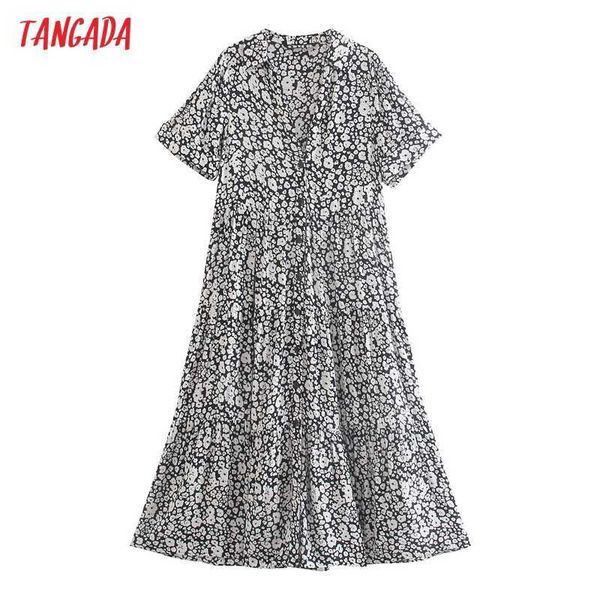 

tangada summer women flowers print french style shirt dress puff short sleeve ladies long sundress 5z182 210609, Black;gray