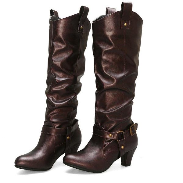 

boots winter women's shoes all-match solid color fashion round toe ladies pleated faux leather thick heel mid-calf knight, Black