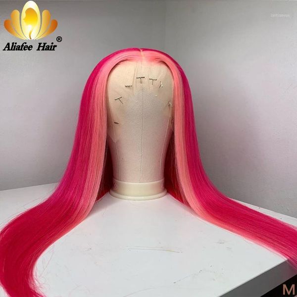 

aliafee transparent lace wigs malaysian straight ombre pink color pre-plucked front wig 180% human hair for women1, Black;brown
