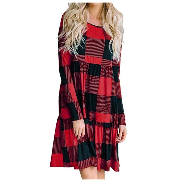 

casual dresses jaycosin women long sleeve plaid print winter dress autumn patchwork vintage high waist double layer 927, Black;gray