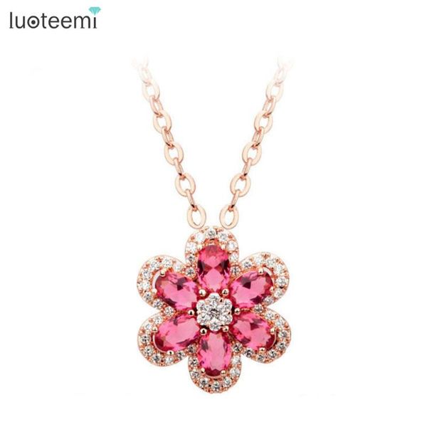 

pendant necklaces luoteemi charm luxury oval cubic zirconia big flower necklace for women fahion bridal jewelry, Silver