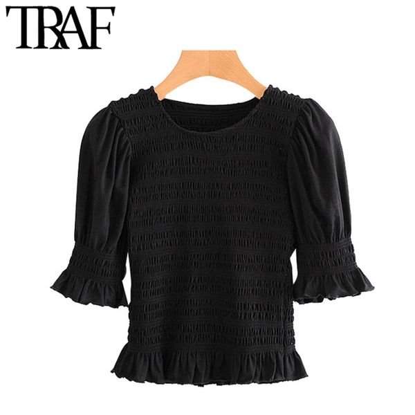 

traf women sweet fashion elastic smocked ruffles cropped blouses vintage o neck puff sleeves female shirts chic 210415, White