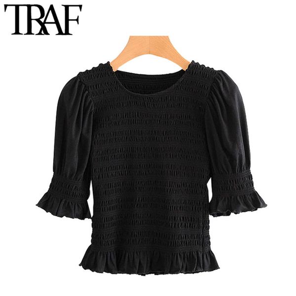 TRAF Mulheres Doce Fashion Elastic Smocked Ruffles Cortado Blusas Vintage O Neck Slow Sleeves Feminino Camisas Chique Tops 210415