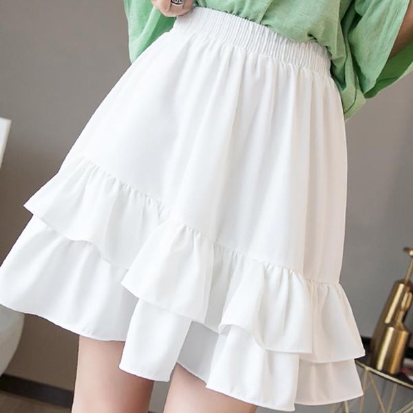 

skirts chiffon ruffle fashion female pleated skirt casual elastic high waist womens summer 2021 mini elegant women jupe femme, Black