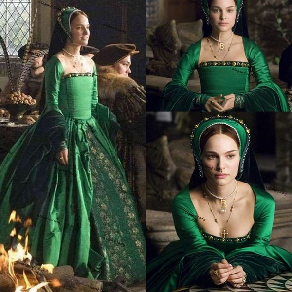 Jägergrünes Tudor-Film-Abschlussballkleid, Vintage-Stil, quadratisch, langärmelig, Spitze, Samt, mittelalterliches historisches Renfaire-Kostüm, Abendkleid