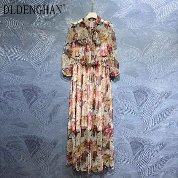 

casual dresses dldenghan fashion flower print autumn maxi dress women bow collar lantern sleeve elastic waist bohemian chiffon long, Black;gray