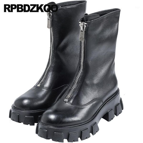 

boots winter muffin flatform platform real leather fur ladies short black shoes women front zipper boots fall mid calf1 y2nd