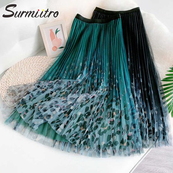 

surmiitro autumn midi long pleated tulle skirt women korean style leopard mesh mid-length high waist a line skirt female 210712, Black