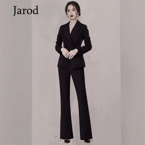 

fashion business pant 2 two pieces office formal double breasted jacket and ol long black blazer set women suits 210519, White