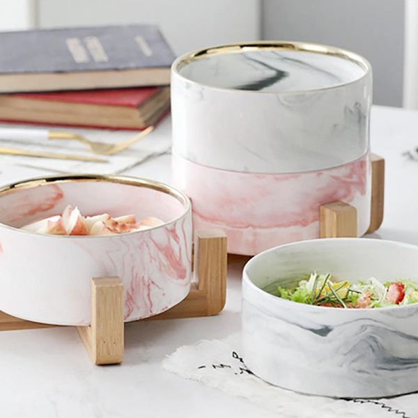 

bowls salad bowl ceramic tableware western cold tableware-phnom penh pink with wooden rack fruit dessert bamboo
