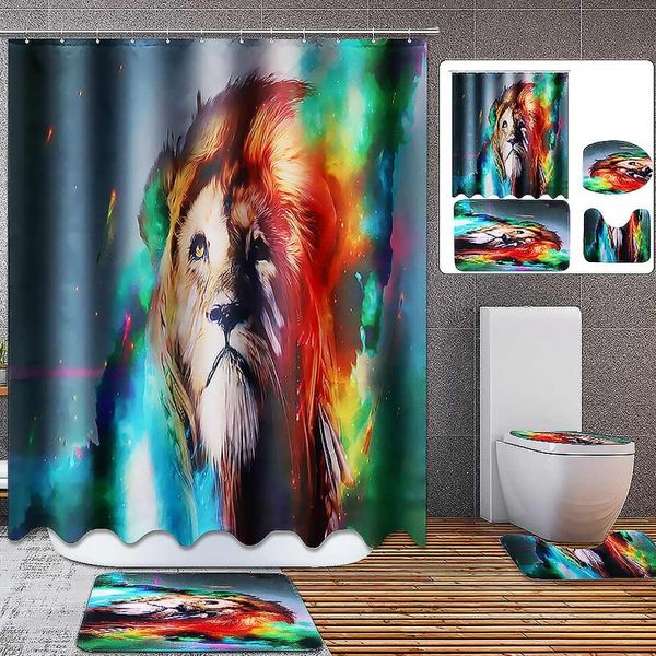 

colorful lion bathroom non-slip mat set durable waterproof shower curtain pedestal rug lid toilet cover bath rugs curtains