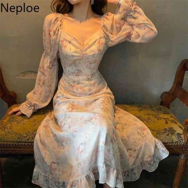 

neploe floral print dress women v neck puff sleeve ladies vestidos summer elegant slim waist female dresses 1b110 210409, Black;gray