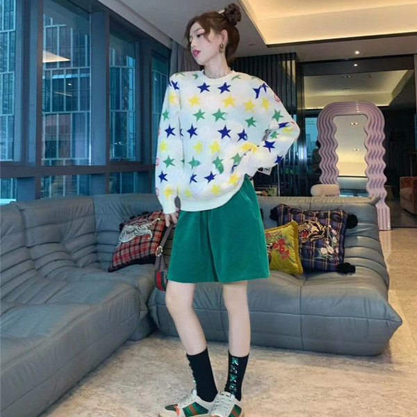 

2022 women's tracksuits womens classic designer sweater new color stars color jacquard letters round neck loose knitted sweater, White;black
