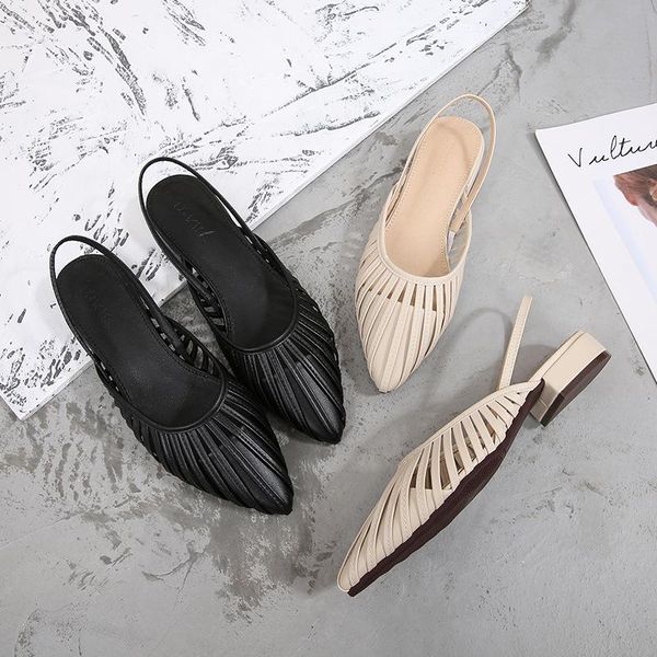 

comfortable pointed sandals female hollowed-out in her leisure chunky-heel summer low heel, Black