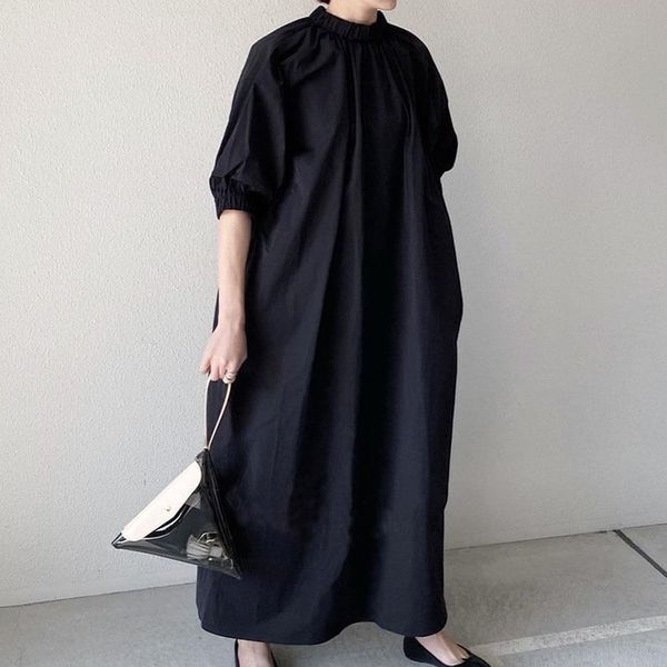 

long female muslim dressed a loose 2021 summer plus size half sleeve dress in pocket robe, Black;gray
