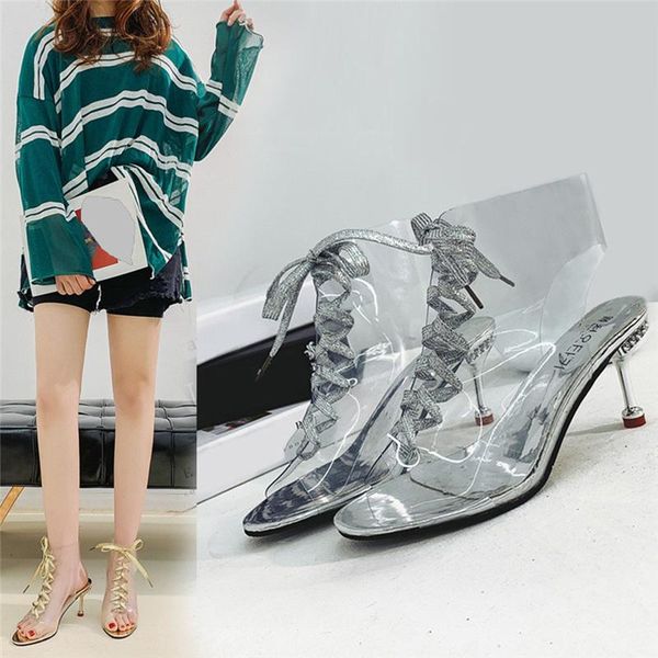 

women sandalias slip-on flat sandals crystal beads transparent fish mouth strap stiletto high heel tenis feminino, Black