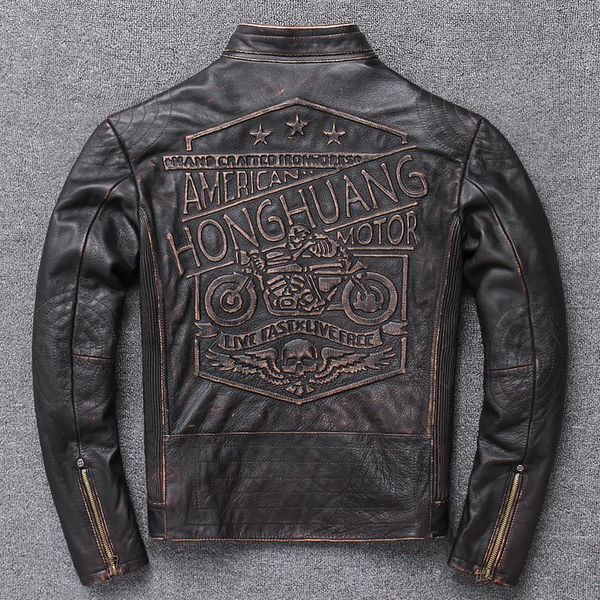 

men's leather & faux genuine jacket men vintage layer cow mock neck fit brown trend cattle 2021, Black