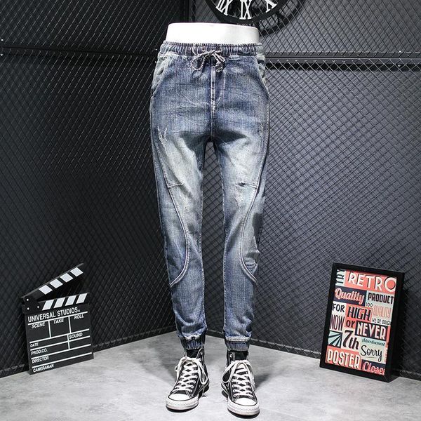 

men's shorts fashion splice jeans men loose drawstring casual harem pants winter japan style thick warm blue denim trousers plus s, White;black