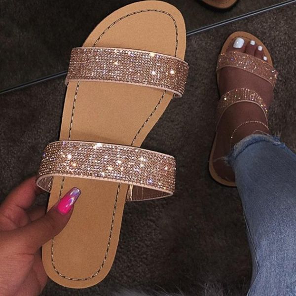 

slippers women summer flat bling crystal strap soft jelly slides female flip flops open toe outdoor beach ladies plus size, Black
