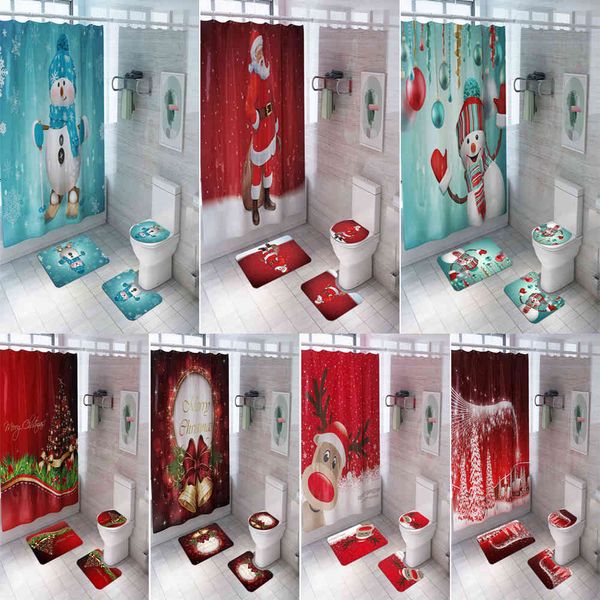 Buon Natale Bagno Pupazzo di neve Babbo Natale Motivo alce Set di tende da doccia impermeabili Tappetino copriwater Tappetino antiscivolo Decorazioni per la casa