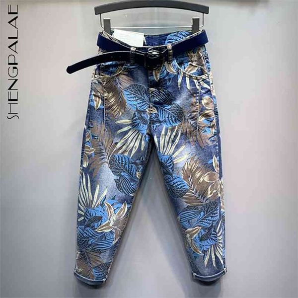 Цветочные напечатанные джинсы женские весенние летние лето высокая талия свободная джинсовая лодыжка гарем брюки без пояса 210427