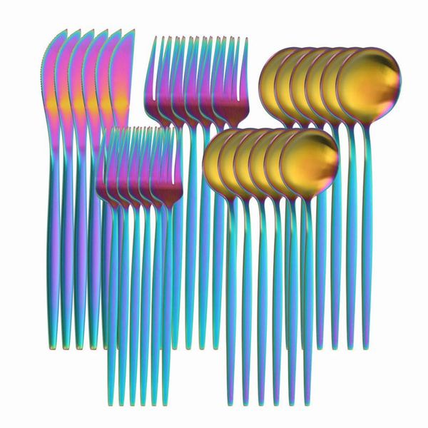 

dinnerware sets stainless steel cutlery set knife fork spoon luxury kitchen home tableware rainbow 30pcs/lot