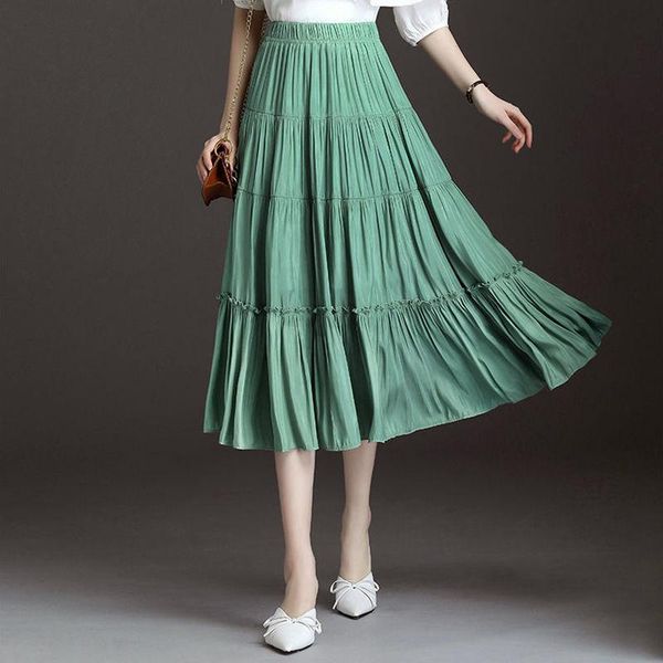 

women 2021 summer fashion mid-long loose skirts female solid color pleated ladies high waist thin j261, Black