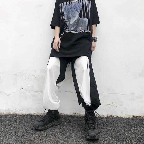 pantaloni donna uomo Street dark semplice stile hip-hop nero bianco contrasto colore cuciture bordo rotto sport high street impilabile 210526