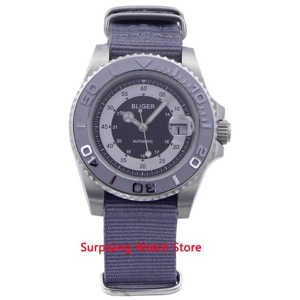 

wristwatches bliger 40mm miyota automatic mechanical mens watch luxury sapphire clock luminous waterproof nylon strap calendar wristwatch me, Slivery;brown