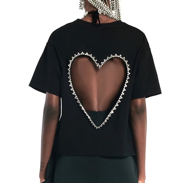 

2021 summer new womens t-shirt cotton hollow heart diamond short loose lady tee, White