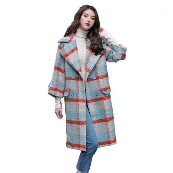 

women's wool & blends blended woolen coat women lattice jacket 2021 autumn winter double breasted check jackets outerwear k709, Black