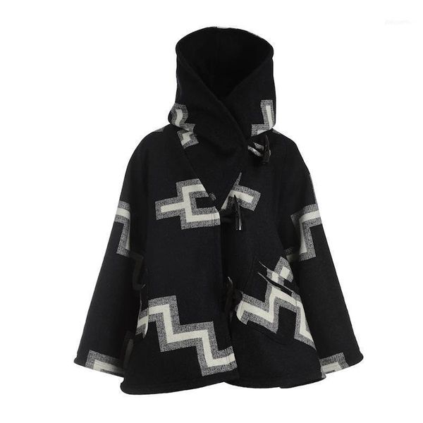 

women's wool & blends 2021 european and american autumn winter long-sleeved loose mid-length plus size hooded coat printed, Black