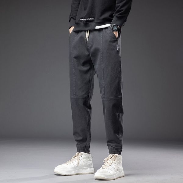 

casual autumn new brand loose small foot sports korean fashion men's elastic waist harlan pants, Black