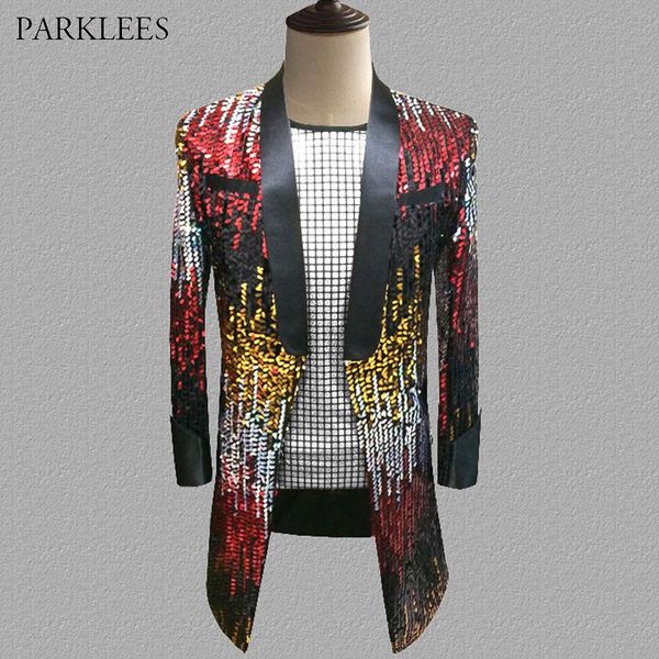 

men's suits & blazers red glitter sequin blazer jacket men shawl collar mens dress nightclub performance bar hosts singer drama dj suit, White;black
