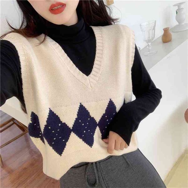 

knitted vest women's spring and autumn korean college style net red lazy v-neck loose pullover sleeveless sweater 210427, Black;white