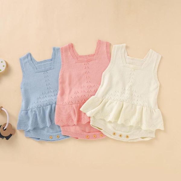 

rompers baby girls knitted romper solid color square collar sleeveless bodysuits cotton hollow out sweter 0-18m, Blue