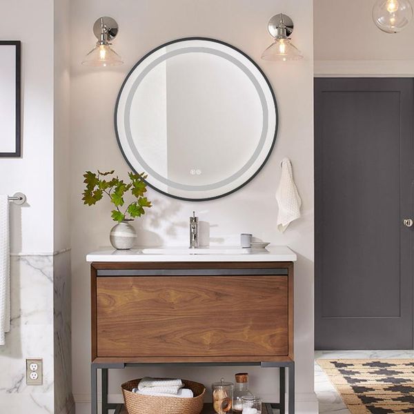 

mirrors round aluminum-encased mirror in bathroom with led light wall decorative