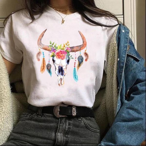 

clothing clothes graphic heifer womens t shirt cow skull floral 90s print halloween lady tees female, White