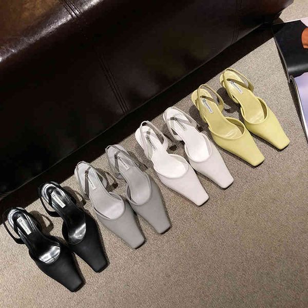 

sandals fashion women square toe shallow slides thin high heels back strap solid color black/gray/white/yellow slingback pumps 2f0