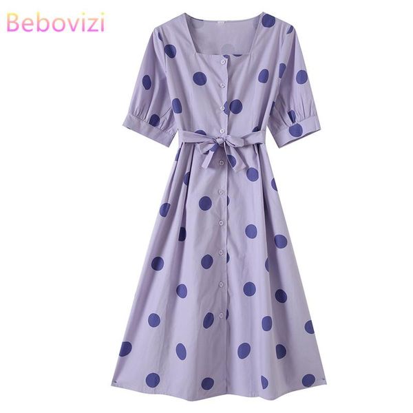 

casual dresses fashion purple apricot korean dot young style 2021 woman sweet preppy short sleeve student summer girls midi dress, Black;gray