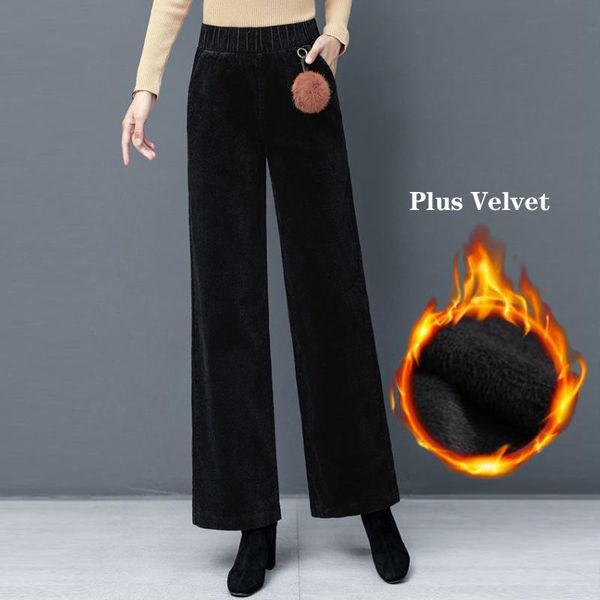 

women's pants & capris women winter warm corduroy wide leg casual loose plus velvet straight long mom's stretch waist trousers, Black;white