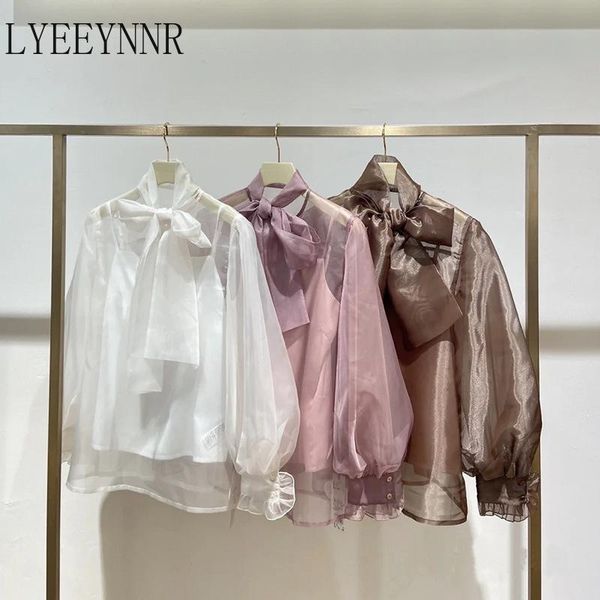 

women's blouses & shirts lyeeynnr slightly transparent fashion women bow knot collar solid color long sleeve arrival japan style, White