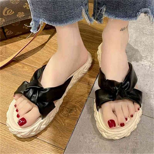 

women summer trend thick sole slides platform flat cross knot strap solid leather outdoor beach slippers casual fashion shoes 210619, Black