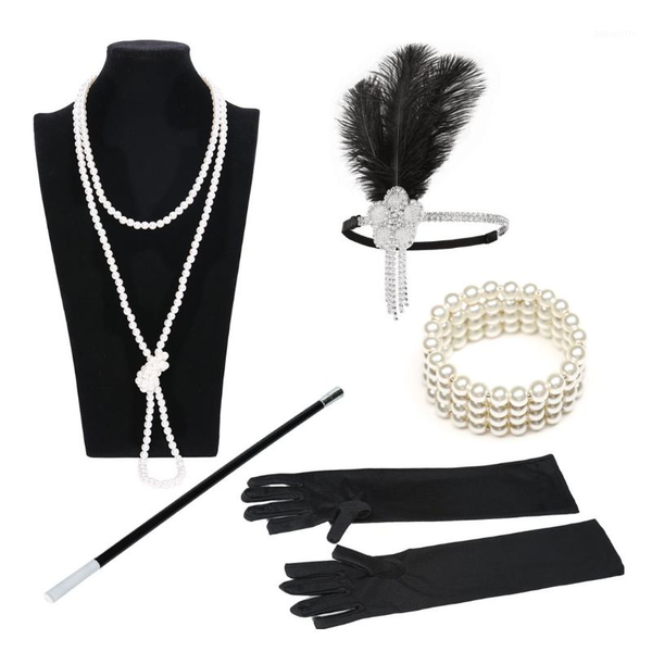 

the 1920s vintage flapper girl dress halloween gloves smoke rod necklace headpiece with wool sliver five-piece set1